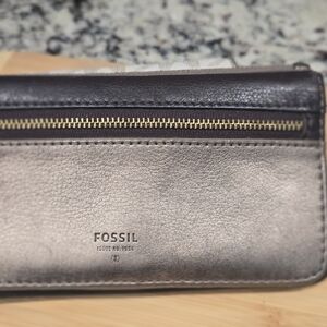 Fossil Silver and Brown Leather Wallet with Pebbled Texture